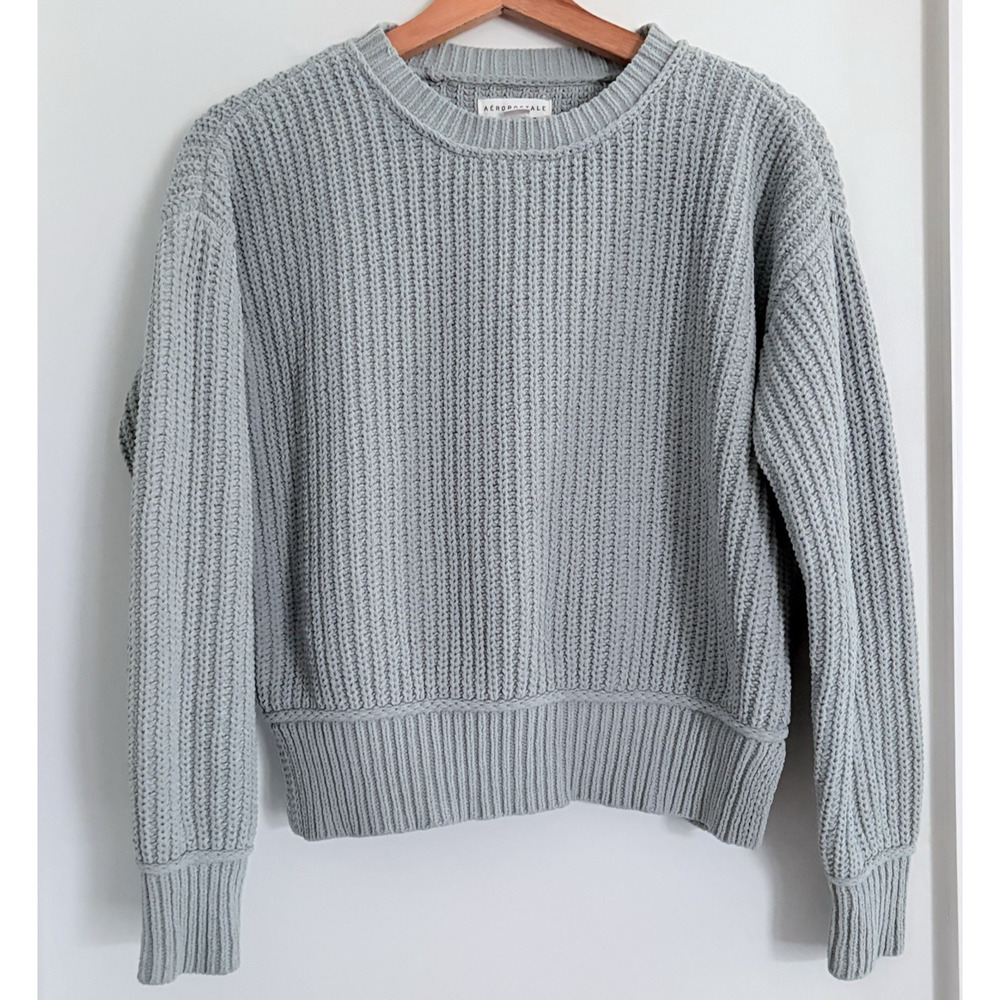 Aeropostale Size XS Chunky Knit Crewneck Sweater Cozy Casual Dusty Mint Boxy Fit